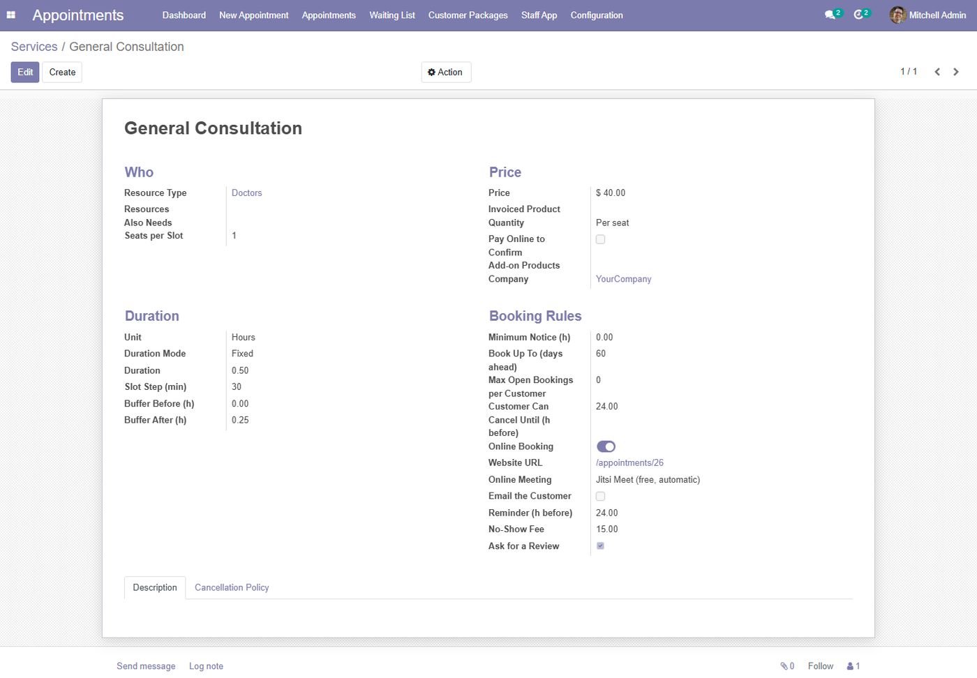 Odoo 14 / 15 / 16: Service settings